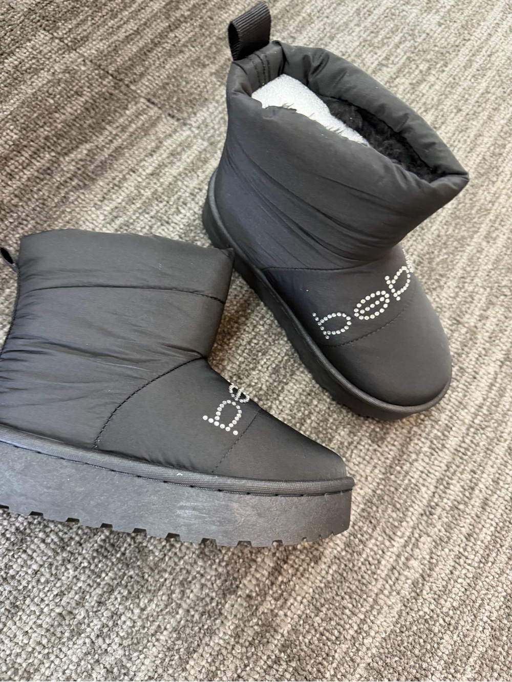 bebe Black Quilted Ankle Winter Boots with Rhinestone Logo